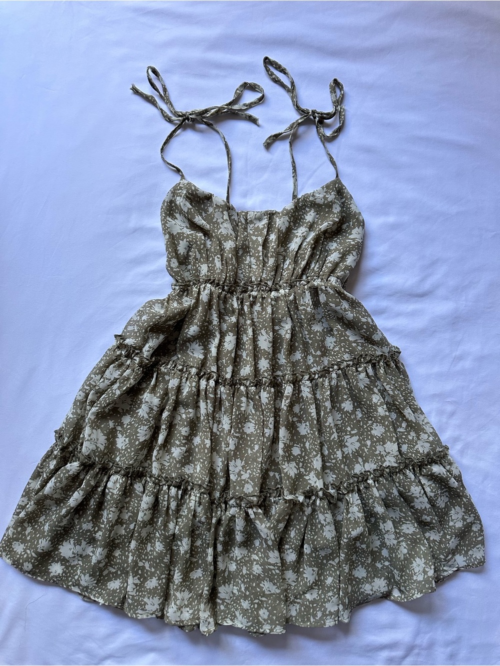 Altar'd State Green Floral Tie-Shoulder Tiered Mini Dress